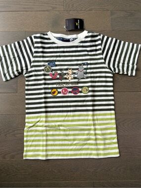 Striped Kids Tee with Animal Patch Graphic - lime & White